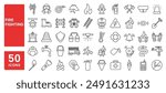 Set of 50 line icons related to fire fighting, precautions, emergency, fireman, hose hydrant, burn, rescue, Editable stroke. Vector illustration