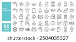 Set of 50 line icons related to water treatment, filters, hydration, water resistance, sewage, recycle, faucet, pressure tank, Editable stroke. Vector illustration