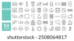 Set of 50 line icons related to sleep, pillow, bed, alarm, sleeping, bedroom, clock, insomnia, pills, mattress, glasses, night, rest, Editable stroke. Vector illustration