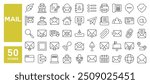 Set of 50 line icons related to mail, envelope, email, inbox, post, office, message, notification, chat, communication, call, Editable stroke. Vector illustration