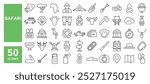 Set of 50 line icons related to safari, africa, wildlife, park, animals, nature, landscape, jungle, Editable stroke. Vector illustration