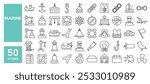 Set of 50 line icons related to marine, port, ship, boat, harbor, crane, pier, wharf, logistic, captain, shipyard, Editable stroke. Vector illustration