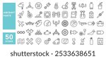 Set of 50 line icons related to aircraft parts, aviation, jet, airplane, engine, repair, mechanic, flight, wing, avionics, Editable stroke. Vector illustration