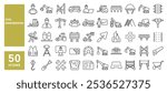 Set of 50 line icons related to civil engineering, building, concrete, engineer, contractor, machinery, structure, project, crane, Editable stroke. Vector illustration