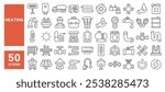 Set of 50 line icons related to heating, home, pump, boiler, thermostat, fan, flame, plumbing, electric, burner, Editable stroke. Vector illustration