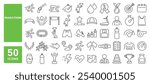 Set of 50 line icons related to marathon, run, running, podium, champion, sport, runner, track, race, athlete, distance, fast, Editable stroke. Vector illustration