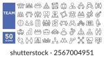 Set of 50 line icons related to team, business, work, partnership, together, people, employees, meeting, group, Editable stroke. Vector illustration