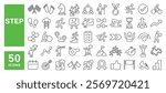 Set of 50 line icons related to step, walk, run, footprint, climb, foot, flow, timeline, plan, toward, up, success, arrive, stair, Editable stroke. Vector illustration