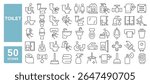 Set of 50 line icons related to toilet, bathroom, hygiene, wc, sanitary, restroom, Editable stroke. Vector illustration