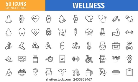 Conjunto de 50 iconos de línea relacionados con el bienestar, bienestar, salud mental, salud, cosméticos, spa, médico. Colección de iconos de esquema. Trazo editable. Ilustración vectorial