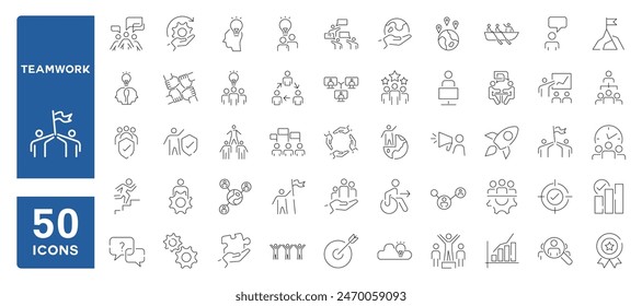 Conjunto de 50 iconos de línea relacionados con el trabajo en equipo, negocio, gestión, empleados, trazo editable. Ilustración vectorial