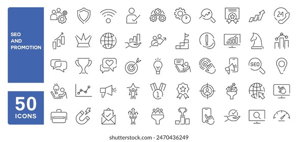 Set of 50 line icons related to seo, promotion, marketing, advertising, campaign, Editable stroke. Vector illustration