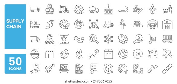 Set of 50 line icons related to supply chain, logistic, manufacturing, containing production, shipping, transportation, Editable stroke. Vector illustration