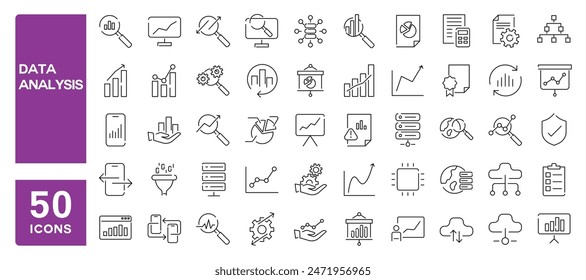 Set of 50 line icons related to data analysis, analytics, database, cloud computing, infographic, Editable stroke. Vector illustration