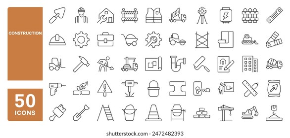 Conjunto de 50 iconos de línea relacionados con la construcción, renovación, construcción, ingeniería, arquitectura, trazo editable. Ilustración vectorial