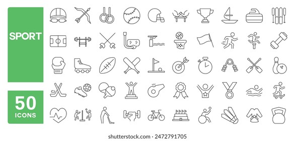 Set of 50 line icons related to sport, athletic, soccer, active, entertainment, Editable stroke. Vector illustration