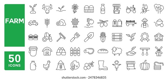 Conjunto de 50 iconos de línea relacionados con la granja, agricultura, alimentos orgánicos, invernadero, cosecha, trazo editable. Ilustración vectorial