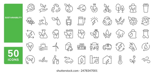 Conjunto de 50 iconos de línea relacionados con la sostenibilidad, ecología, medio ambiente, energía renovable, reciclaje, trazo editable. Ilustración vectorial