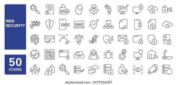 Conjunto de 50 iconos de línea relacionados con la seguridad del Web, seguridad, Contraseña, protección de datos, ciberbloqueo, trazo editable. Ilustración vectorial