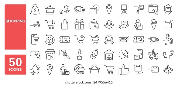 Conjunto de 50 iconos de línea relacionados con compras, tienda en línea, comercio electrónico, Carrito, bono, trazo editable. Ilustración vectorial