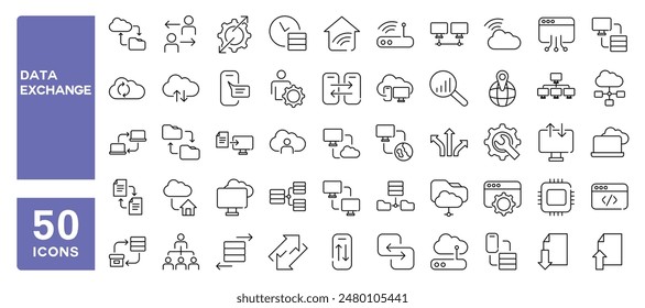 Set of 50 line icons related to data exchange, coding, traffic files, server, cloud technology, Editable stroke. Vector illustration