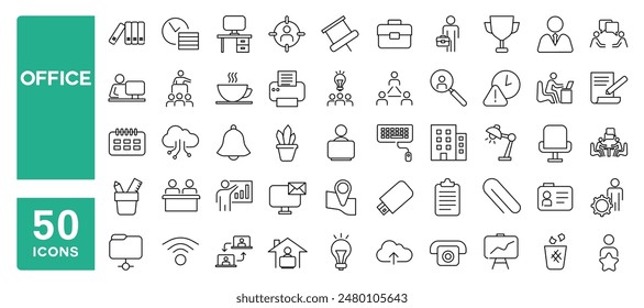 Satz von 50 Linien-Icons bezogen auf Büro, Arbeitsplatz, Schreibtisch, Geschäft, Firma, Editable Stroke. Vektorillustration