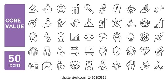 Set of 50 line icons related to core value, innovation, leadership, strategy, performance, Editable stroke. Vector illustration