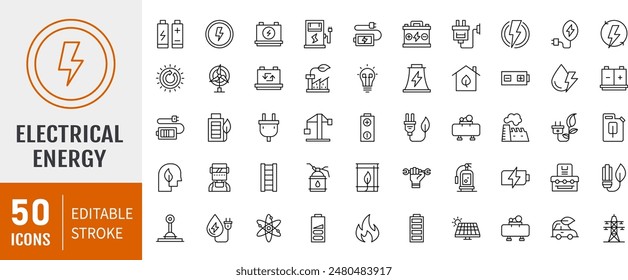 Set of 50 line icons related to energy, electrical energy, electricity. Outline icon collection. Vector illustration. Editable stroke