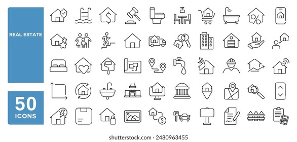 Set of 50 line icons related to real estate, property, rent house, buy and sell home, building, Editable stroke. Vector illustration