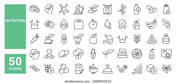 Set of 50 line icons related to nutrition, healthy food, count calories, gluten and sugar free, detox diet, Editable stroke. Vector illustration