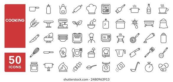 Conjunto de 50 iconos de línea relacionados con la cocina, chef, restaurante, tazón de comida, sartén, trazo editable. Ilustración vectorial