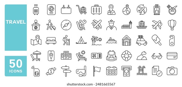 Set of 50 line icons related to travel, luggage, tour, summer vacations, tourism, Editable stroke. Vector illustration