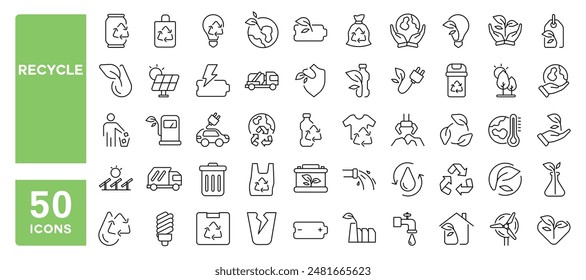 Set of 50 line icons related to recycle, garbage, organic waste, eco, trash, Editable stroke. Vector illustration