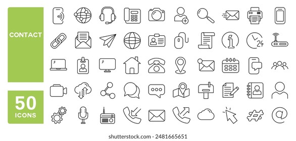 Set of 50 line icons related to contact, e-mail, address, phone, communication, Editable stroke. Vector illustration