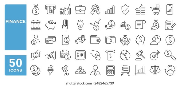 Set of 50 line icons related to finance, payments, money wallet, savings, business profit, Editable stroke. Vector illustration