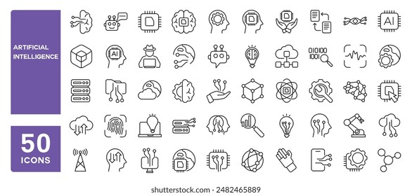 Set of 50 line icons related to artificial intelligence, machine learning, AI technology, robot, data science, Editable stroke. Vector illustration