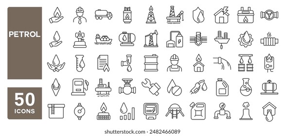 Set of 50 line icons related to petrol, gas station, energy sources, oil factory, fuel industry, Editable stroke. Vector illustration