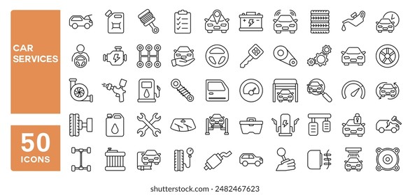 Conjunto de 50 iconos de línea relacionados con los servicios de coches, piezas de repuesto, mantenimiento, reparación de automóviles, lavado de vehículos, trazo editable. Ilustración vectorial