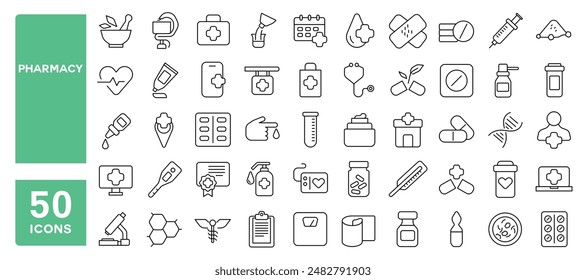 Set of 50 line icons related to pharmacy, medical care, medicine, medical drugs, pills, Editable stroke. Vector illustration