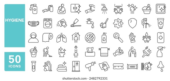 Set of 50 line icons related to hygiene, cleaning, hand washing, soap, prevention, Editable stroke. Vector illustration