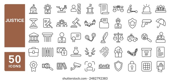 Set von 50 Linien-Icons bezogen auf Gerechtigkeit, Urteil, Recht, Gericht, Recht, Editierbarer Strich. Vektorillustration