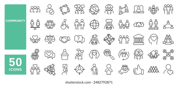 Set of 50 line icons related to community, people group, social responsibility, love friendship, population, Editable stroke. Vector illustration