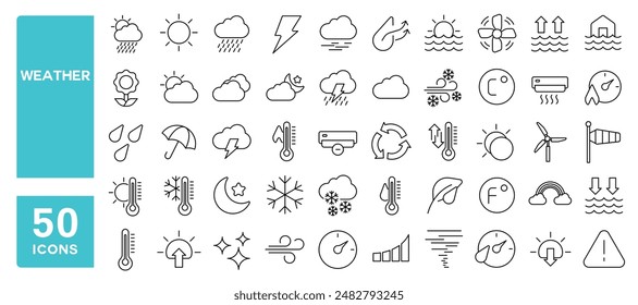 Conjunto de 50 iconos de línea relacionados con el Clima, cambio climático, nubes, sol, lluvia, nieve, humedad, trazo editable. Ilustración vectorial