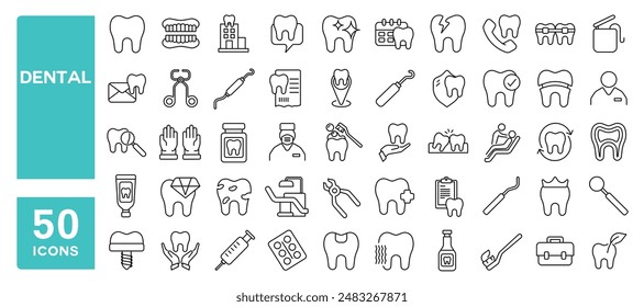 Set of 50 line icons related to dental, orthodontic, dentist, dentistry, toothbrush, Editable stroke. Vector illustration