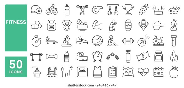 Set of 50 line icons related to fitness, healthy lifestyle, weight training, gym, activity, exercise, Editable stroke. Vector illustration