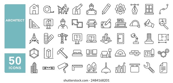 Conjunto de 50 iconos de línea relacionados con el arquitecto, la arquitectura, el Plan del proyecto, los planos de trabajo, el diseño de interiores, trazo editable. Ilustración vectorial