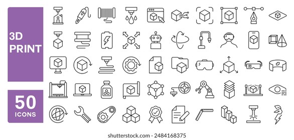 Conjunto de 50 iconos de línea relacionados con la impresión 3D, modelado, escáner 3D, fabricación aditiva, prototipado, trazo editable. Ilustración vectorial