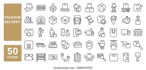 Set of 50 line icons related to package delivery, logistic, shipping, vehicle, order tracking, distribution, Editable stroke. Vector illustration