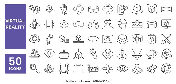 Set of 50 line icons related to virtual reality, augmented reality, panorama view, VR helmet, 360 degree, virtual world, Editable stroke. Vector illustration