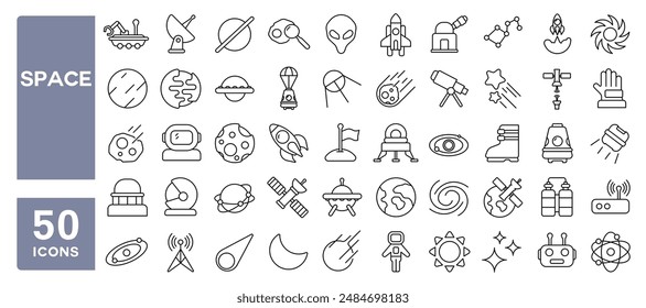 Set of 50 line icons related to space, astronomy, satellite, telescope, astronaut, rocket, planet, Editable stroke. Vector illustration